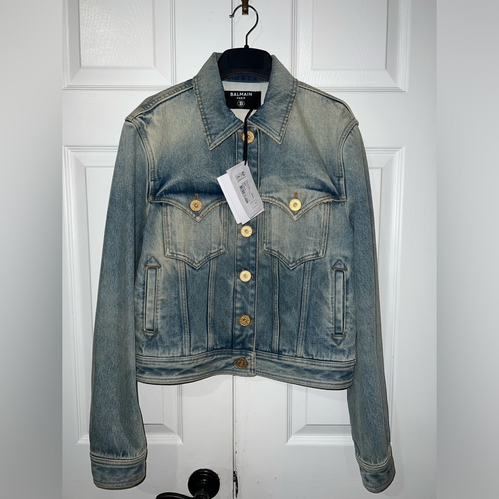 BALMAIN Gold Logo Button Denim Jacket